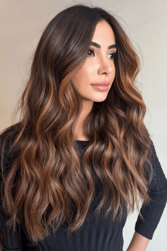 Luxury brunette balayage with soft waves at OREL Hair & Beauty in Knightsbridge, London